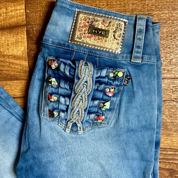 NYE • Size 14 • Denim Blue W/ Multi-Colors Braided • Gold/Diamond Studded •Jeans - Picture 2 of 12